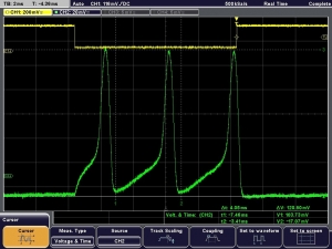 Fig. 10 : Electrical response of the artificial neuron (green) to pulse current excitation (yellow)